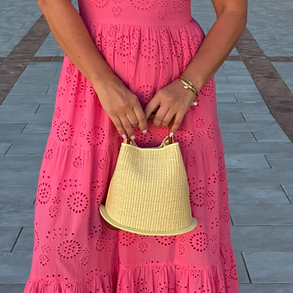 Straw Bucket Tote With Wood Handle - Cream — image 6 of 6